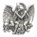 Statues: one of an Angel and Demon combined in one man. one Statue a Skeleton with Angel wings kissing another Statue tattoo design idea