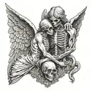 Statues: one of an Angel and Demon combined in one man. one Statue a Skeleton with Angel wings kissing another Statue tattoo design idea