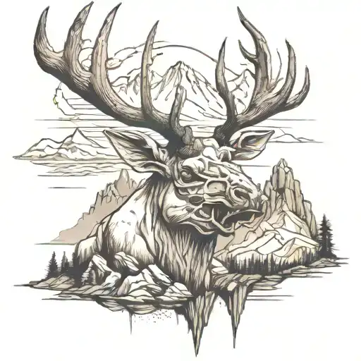 elk skull mountain scenery tattoo tattoo design idea
