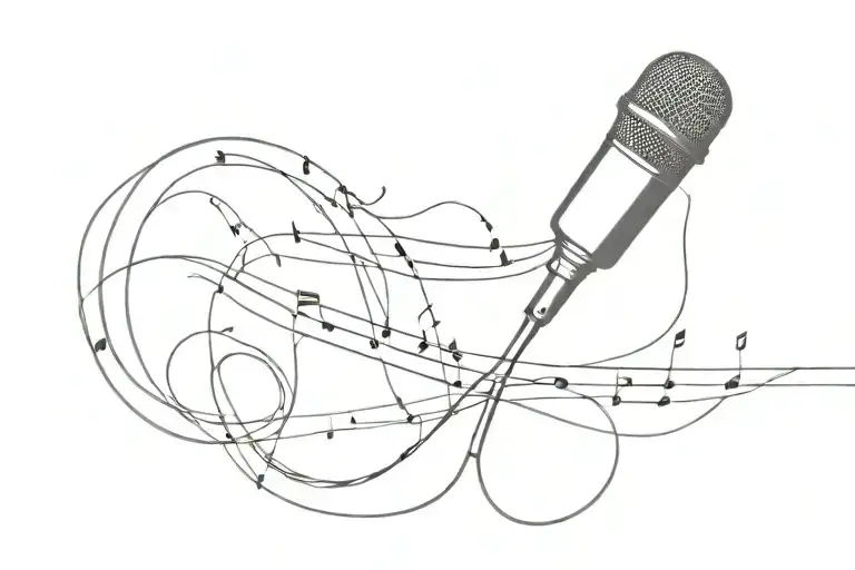 A minimalist design of a microphone intertwined with sheet music notes tattoo design idea