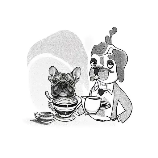 old skool tattoo of a guy walking with a cup of coffee and his French bulldog. tattoo needs to be a cartoon drawing  tattoo design idea