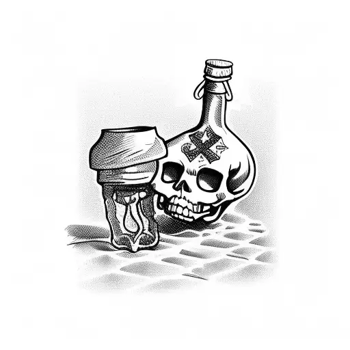 A skeleton drinking from a bottle with a cross on it tattoo design idea