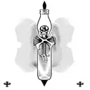 A skeleton drinking from a bottle with a cross on it tattoo design idea