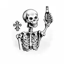 A skeleton drinking from a bottle with a cross on it tattoo design idea