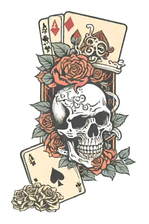 Skull roses poker cards dice and gun tattoo design idea