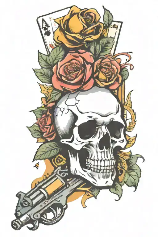 Skull roses poker cards dice revolver gun tattoo design idea