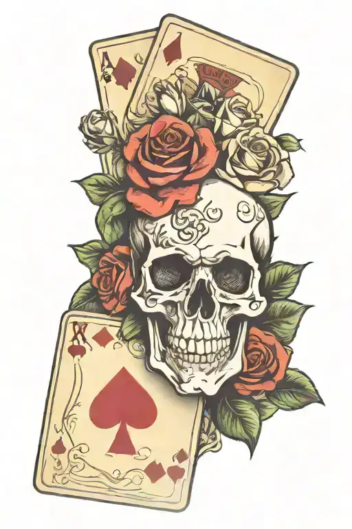 Skull roses poker cards poker dice revolver gun intertwined tattoo design idea