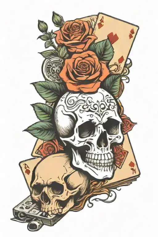 Skull roses poker cards dice revolver gun tattoo design idea