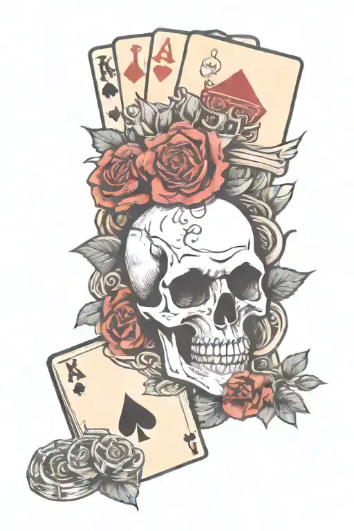 Skull roses poker cards dice and gun tattoo design idea