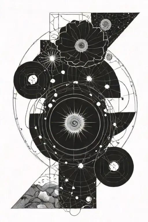 fine line linear geometric with planets, a poppy flower, a taurusm astrological sign, and a single realistic toddler eye tattoo design idea