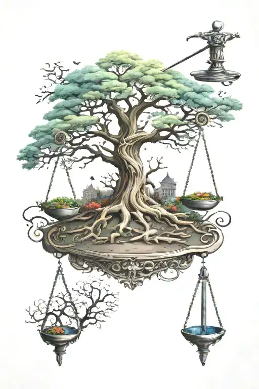 sword balancing scales on each side, standing in front of the tree of life tattoo design idea