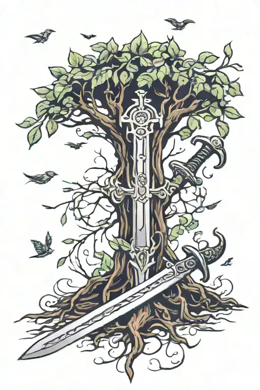 old sword protecting the tree of life which has some fallen leafs tattoo design idea