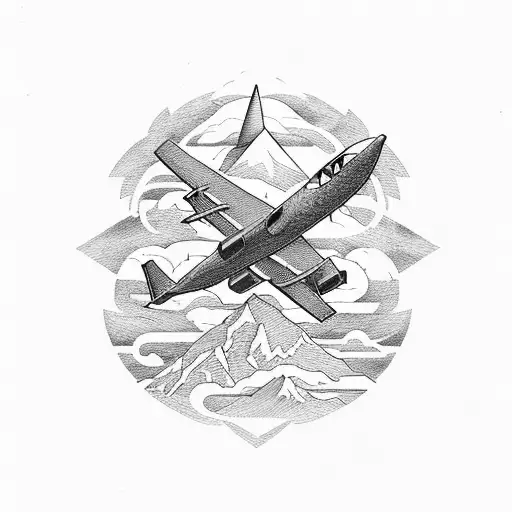 A tattoo of a plane soaring over a mountain range, with a trail of mathematical equations and formulas in its wake tattoo design idea