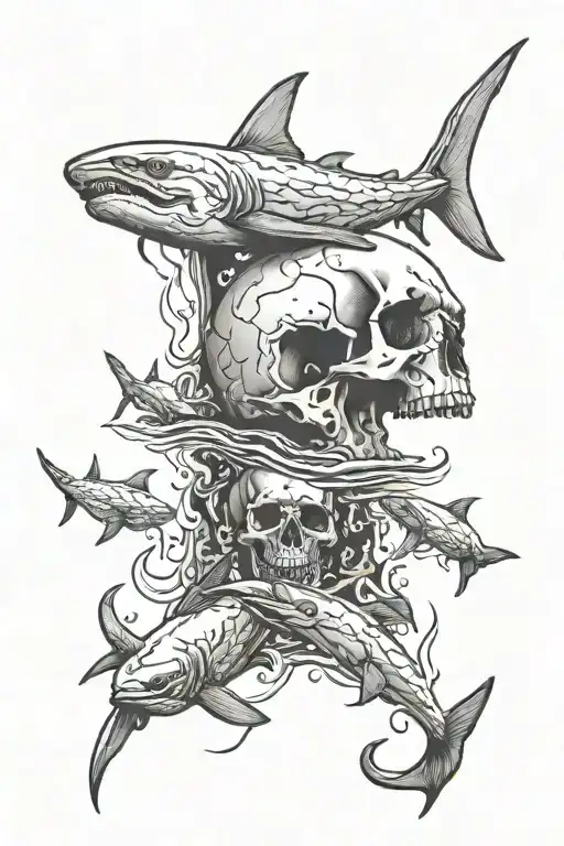 back of skull with water and hammerhead sharks swimming tattoo design idea
