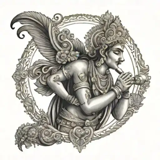 Illustrate Lord Murugan in a traditional South Indian temple setting with intricate dotwork patterns tattoo design idea