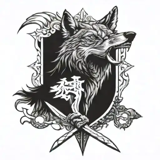 great grey Wolf with broken Sword in his teeth tattoo design idea