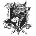 great grey Wolf with broken Sword in his teeth tattoo design idea