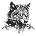 great grey Wolf with broken Sword in his teeth tattoo design idea