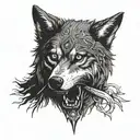great grey Wolf with broken Sword in his teeth tattoo design idea