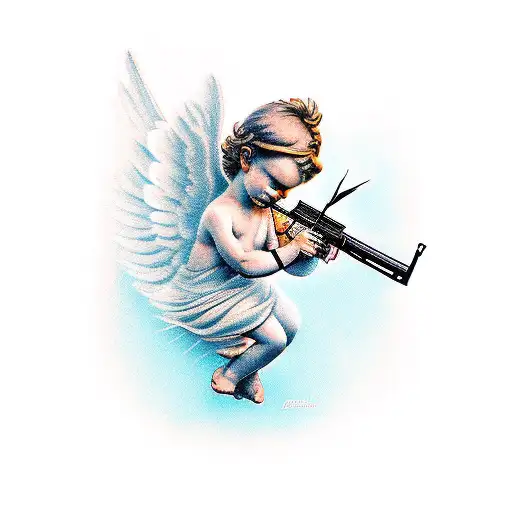 cupid with ak-47 tattoo design idea