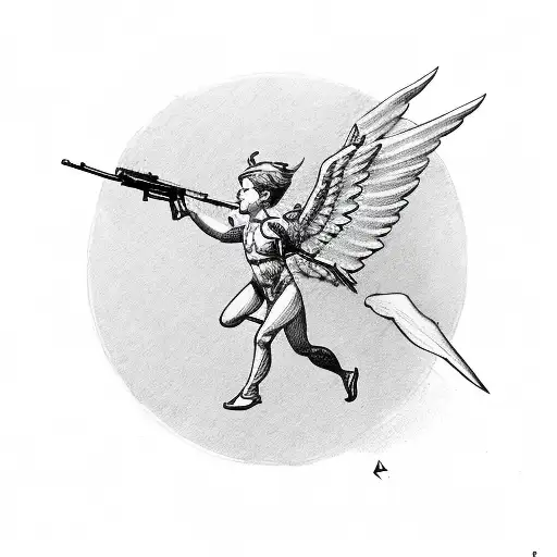 winged cupid aims through ak-47 rifle tattoo design idea
