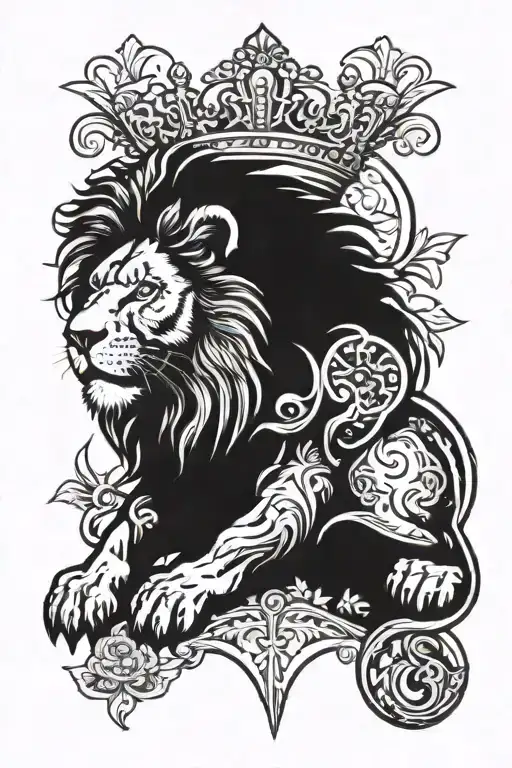 cross and a lion wearing a crown tattoo design idea