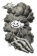 smiley cloud and lightning bolts from clouds on the whole hand tattoo design idea