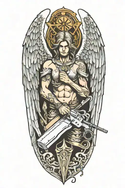 angel under it carpentry tools forming the shape tattoo design idea