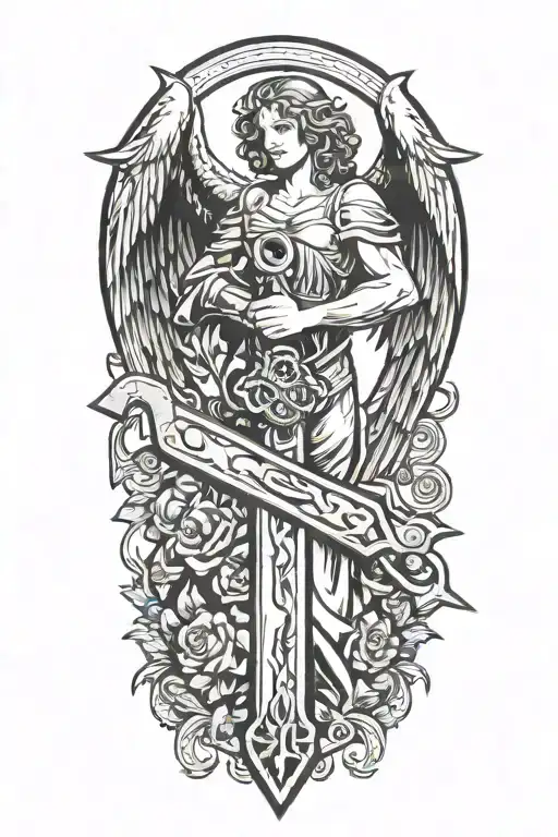 angel and a saw and a hammer  forming the shape tattoo design idea