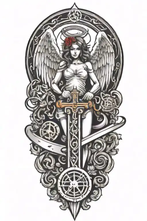 angel and a saw and a hammer  forming the shape tattoo design idea