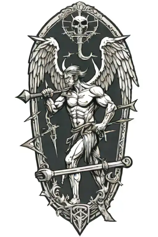 angel and a saw and a hammer  forming the shape tattoo design idea