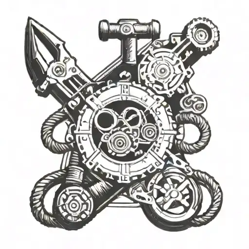 An intricate design of climbing gear and tools intertwined with a paramedic symbol, utilizing blackwork style tattoo design idea
