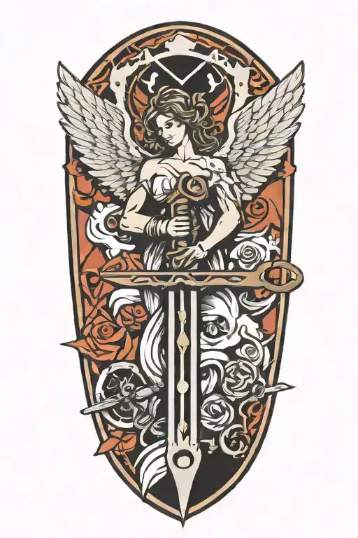 angel and a saw and a hammer  forming the shape tattoo design idea