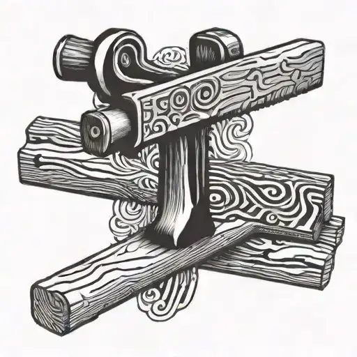 A carpenter's hammer and saw crossed over a backdrop of wood grain pattern, in blackwork style tattoo design idea