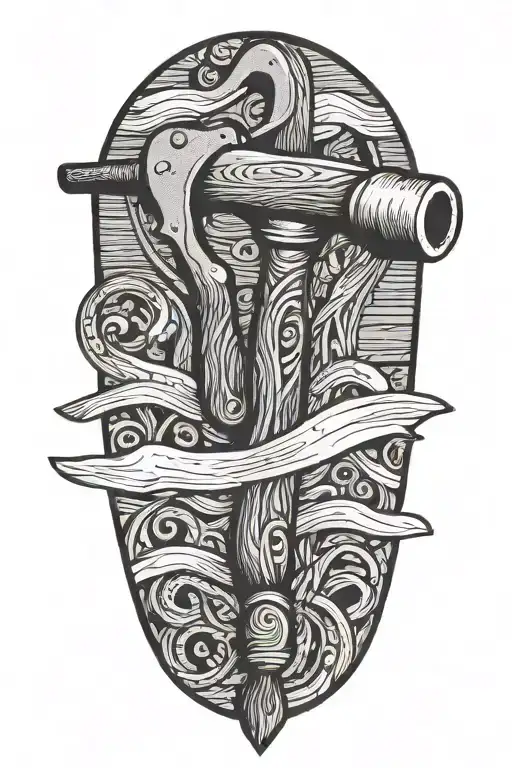A carpenter's hammer and saw crossed over a backdrop of wood grain pattern, in blackwork style tattoo design idea