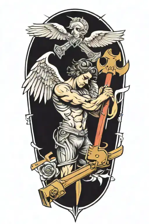 angel and a saw and a hammer  forming the shape tattoo design idea