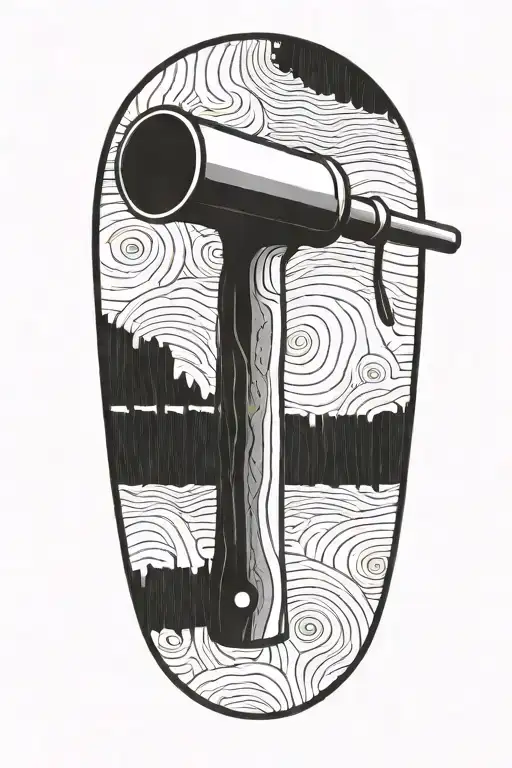 A carpenter's hammer and saw crossed over a backdrop of wood grain pattern, in blackwork style tattoo design idea