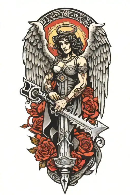 angel and a saw and a hammer  forming the shape tattoo design idea