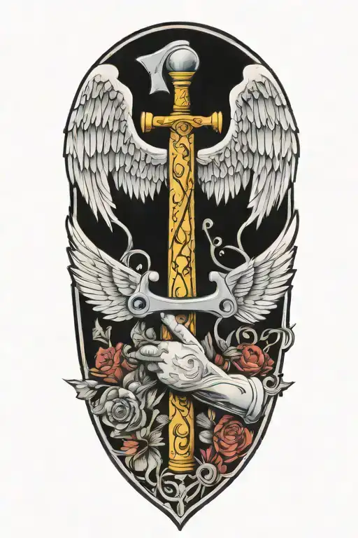 angel and a saw and a hammer  forming the shape tattoo design idea