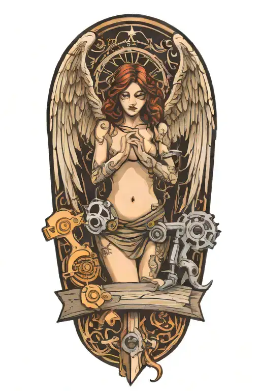 angel and woodworking tools forming the shape tattoo design idea