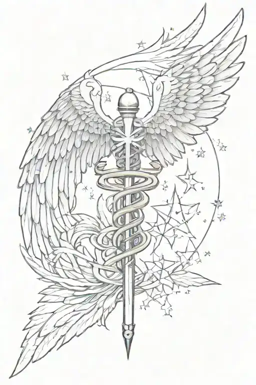 A caduceus staff with .556 bullet on top, with an American flag in the background, circled by stars and angel wings tattoo design idea
