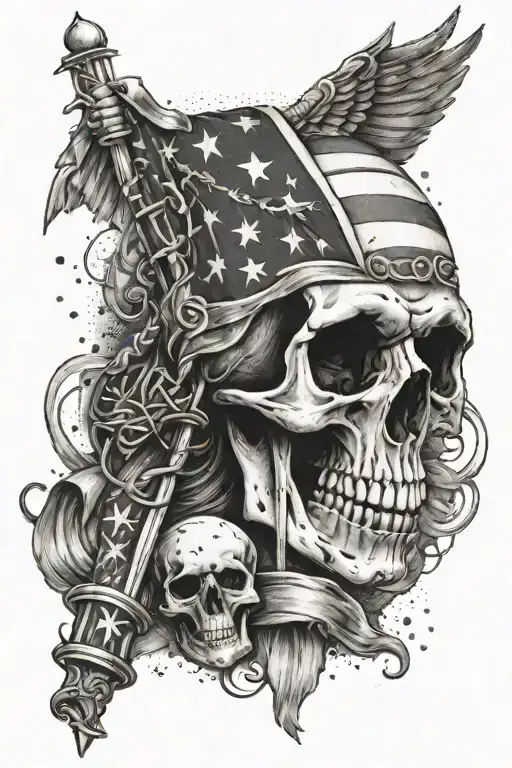 An abstract design combining elements of a caduceus staff, a skull, and the American flag in a cohesive composition tattoo design idea