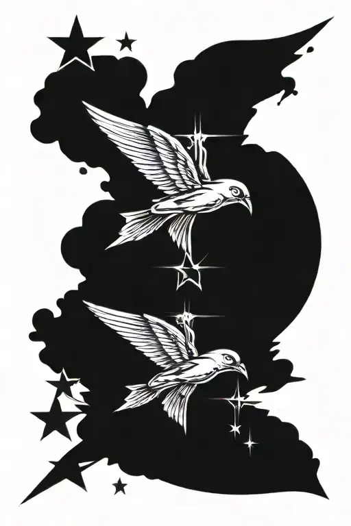 A stylized .556 bullet  with angel wings and stars, symbolizing protection and guidance in combat tattoo design idea