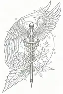A caduceus staff with .556 bullet on top, with an American flag in the background, circled by stars and angel wings tattoo design idea