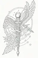 A caduceus staff with .556 bullet on top, with an American flag in the background, circled by stars and angel wings tattoo design idea
