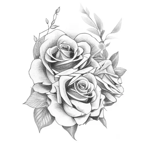 A black-grey tattoo of a beautiful woman holding a bouquet of exotic plants, with a subtle hint of BDSM symbolism tattoo design idea