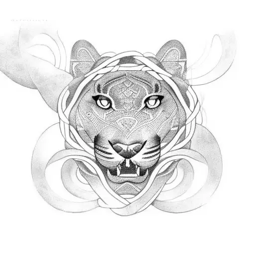 A blackwork tattoo of a panther and a beautiful woman intertwined in a forest setting tattoo design idea