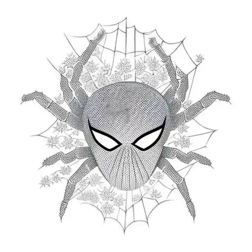 Create a tattoo featuring Spider-Man in a traditional Japanese art style, surrounded by cherry blossoms tattoo design idea