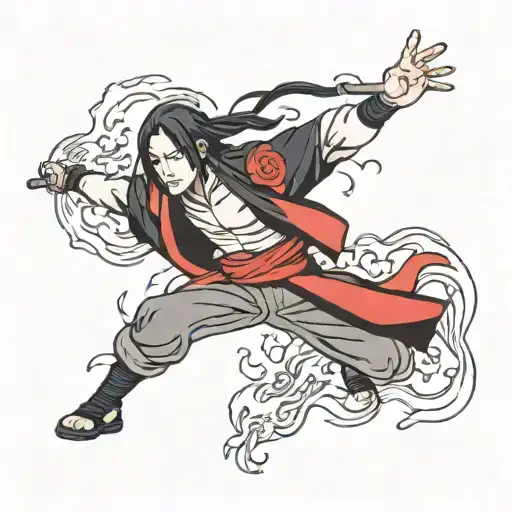 A traditional Japanese-inspired tattoo of Itachi Uchiha performing his signature fire jutsu technique tattoo design idea