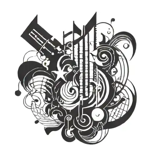 An abstract black art piece incorporating elements of anime characters and music notes tattoo design idea
